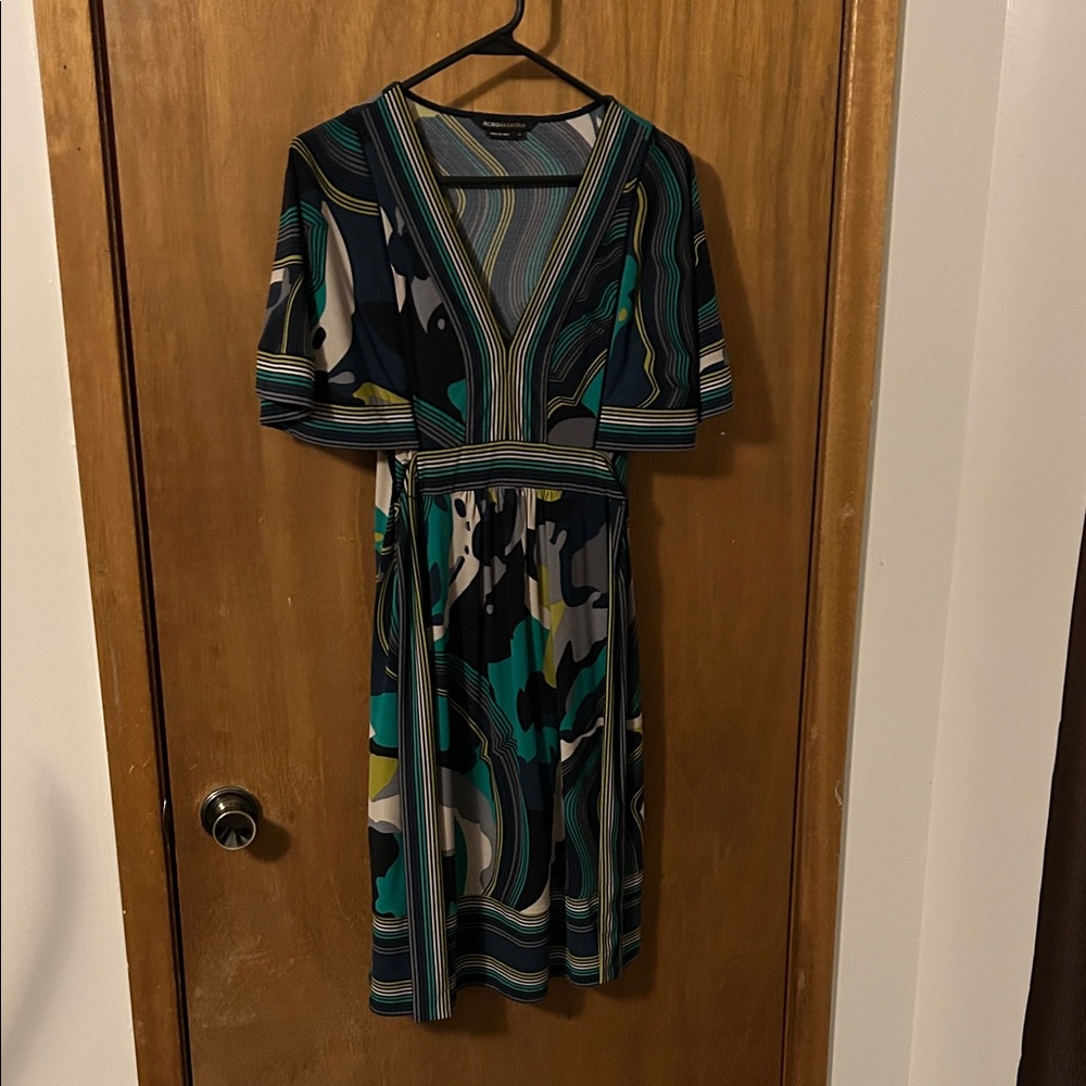 BCBGMaxAzria Teal, Black & Gray Abstract Midi Dress